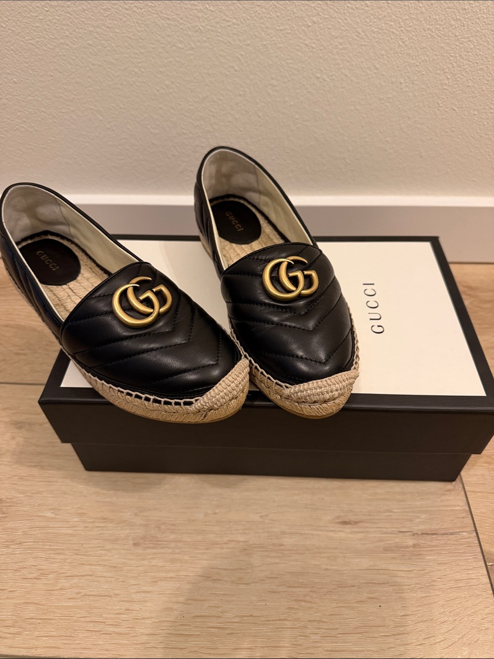 Gucci Black Quilted Leather GG Logo Espadrille Flats “Charlotte” Size 36